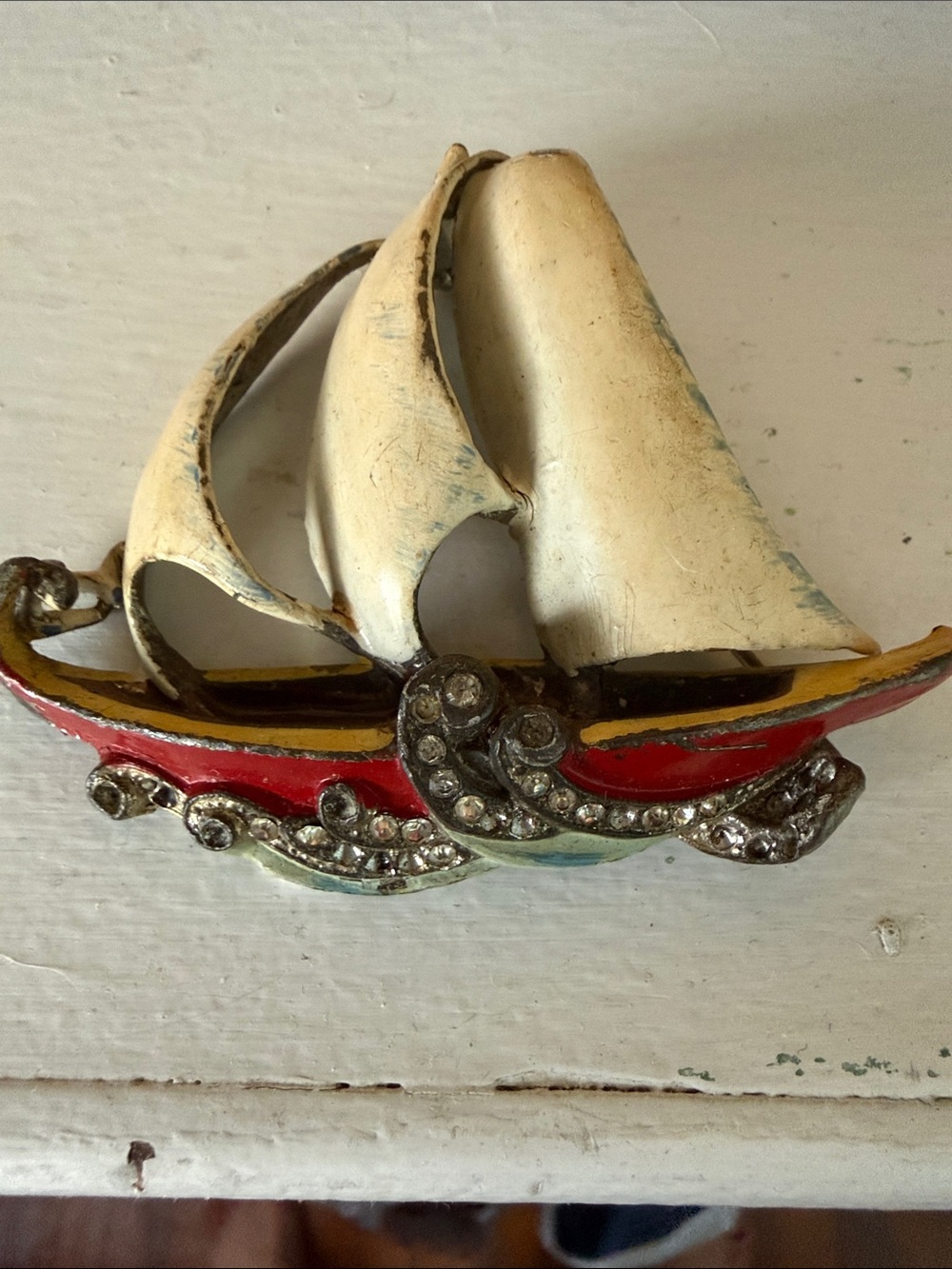 White and Red Sailboat Brooch-